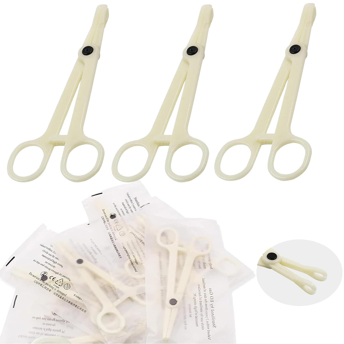 Pinzas Judero para piercing con foco redondeado, desechables y seguras para uso en casa.