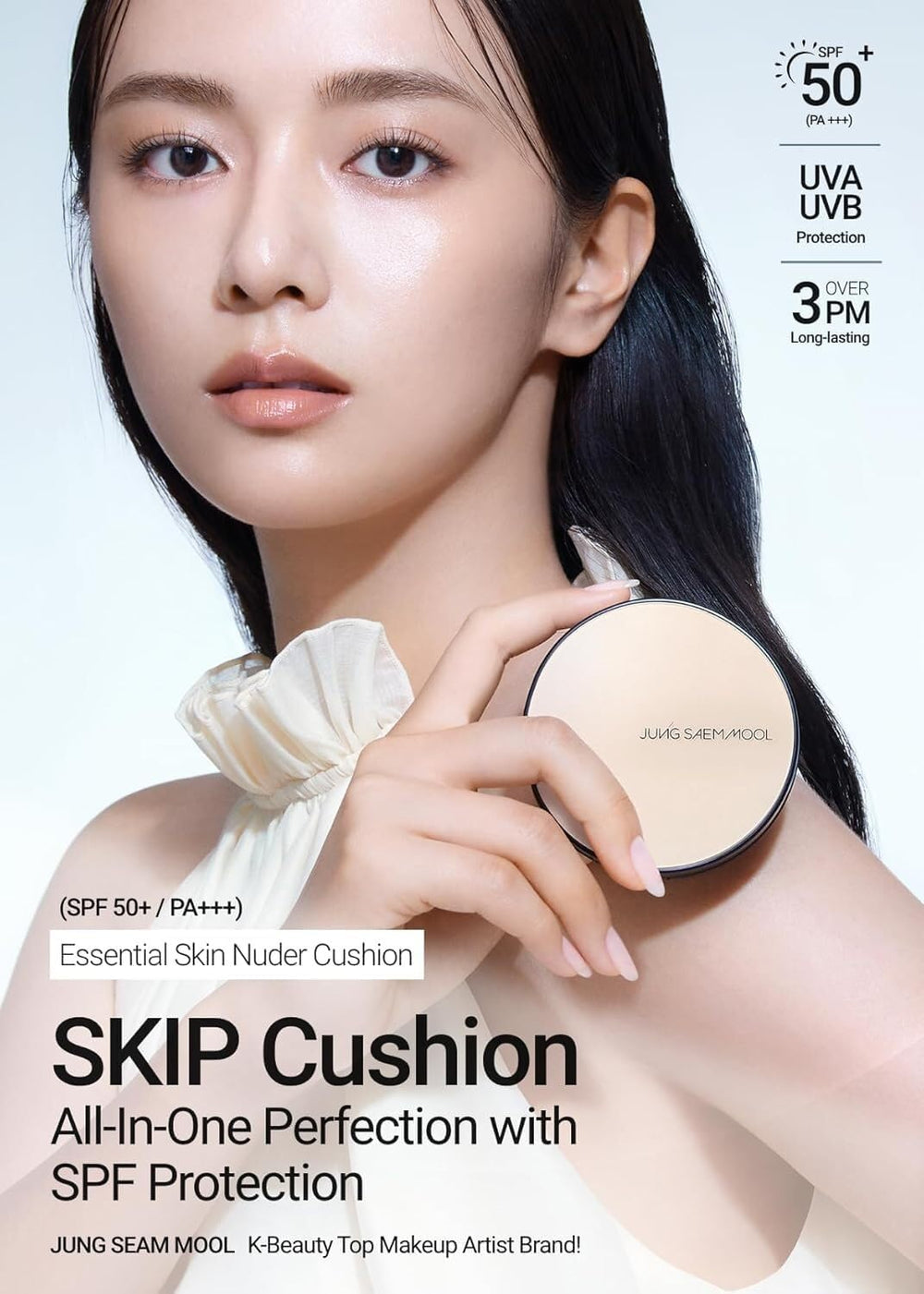 Jung Saem Mool Essential Skin Nuder Cushion muestra cobertura ajustable para tono uniforme.