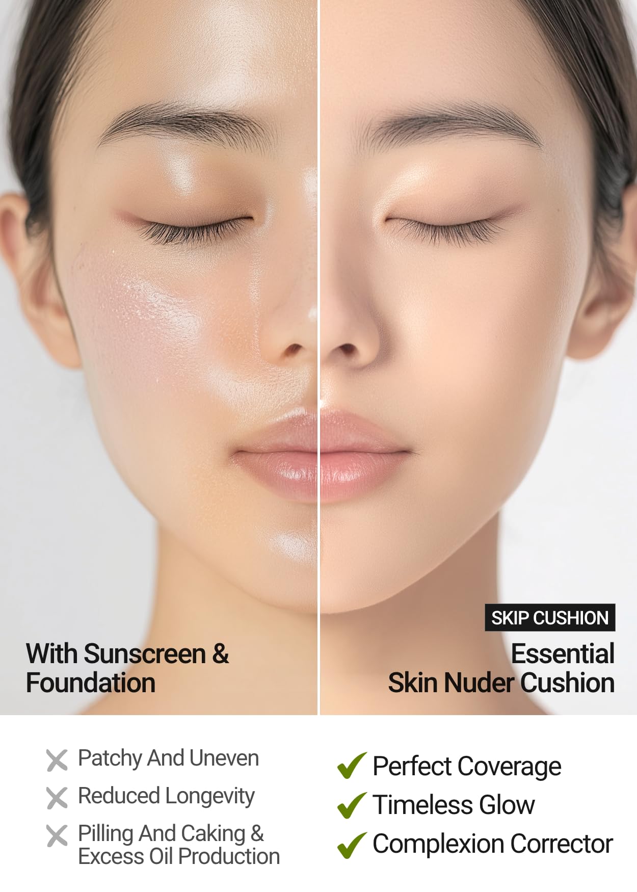 Jung Saem Mool Essential Skin Nuder Cushion equilibra el tono de la piel para look fresco.