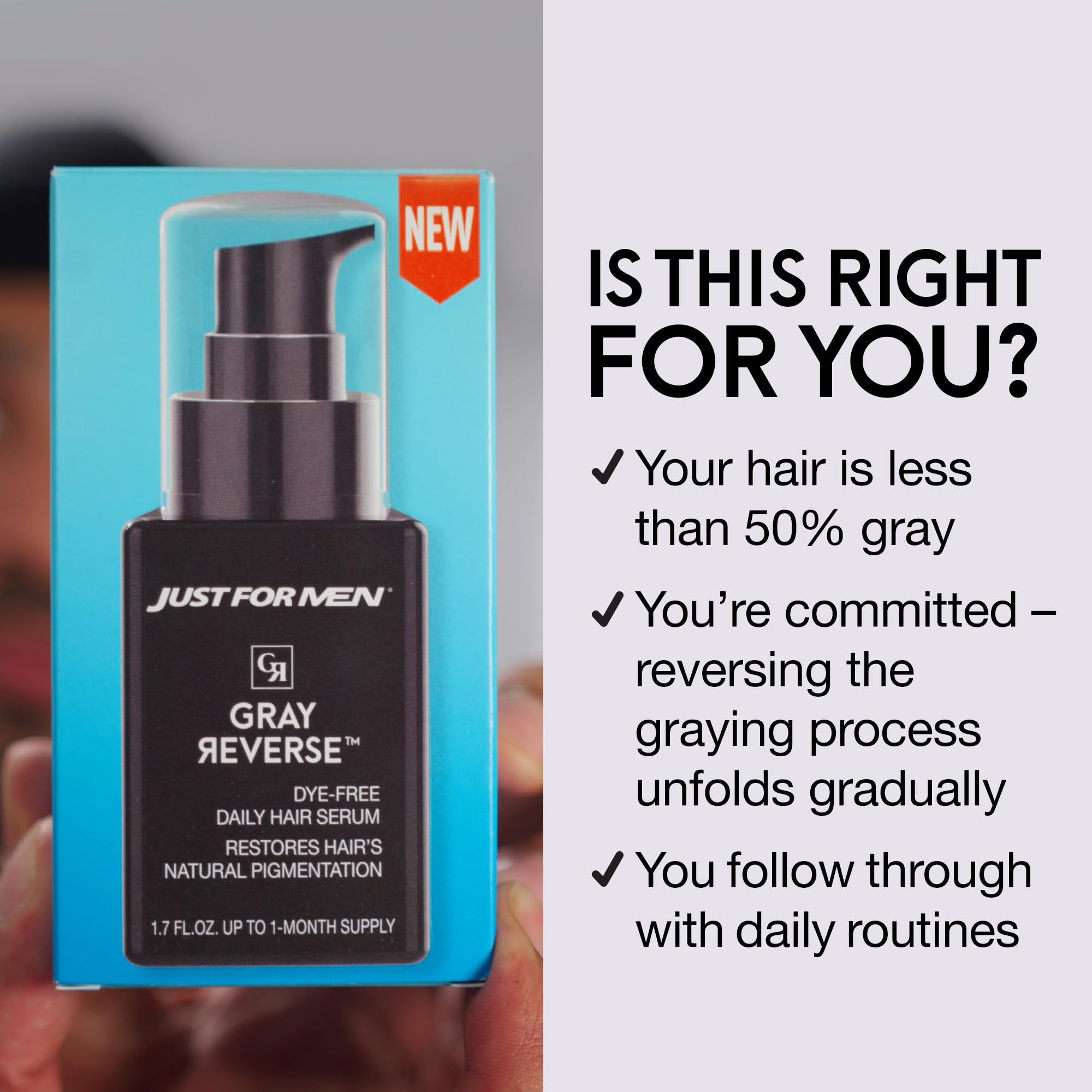 Just for Men Serum Reversa Canas - tecnología de péptidos patentada para revitalizar el color.