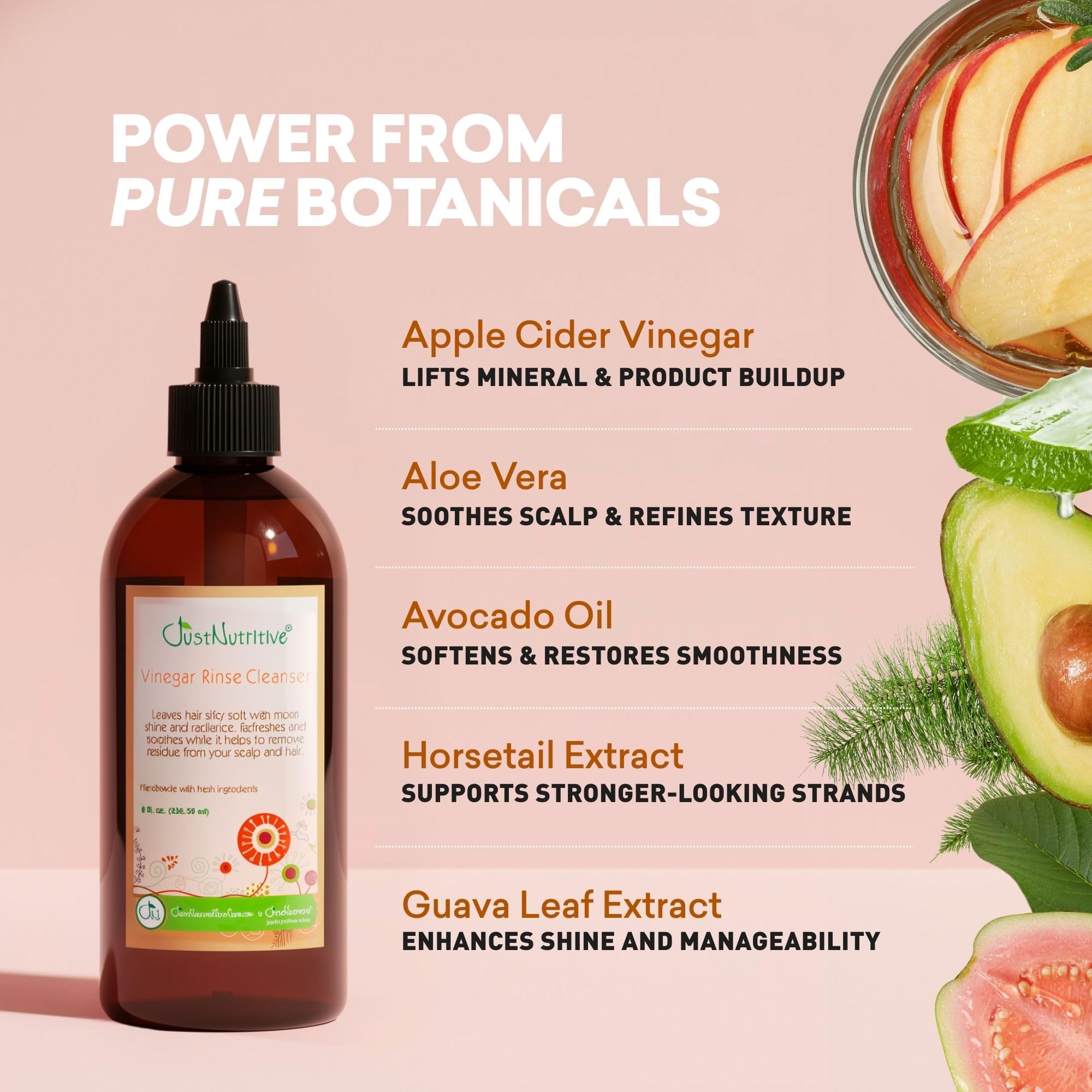 Just Nutritive Vinegar Rinse, rutina-aplicacion: paso sencillo para cuidado del cuero cabelludo tras el lavado.