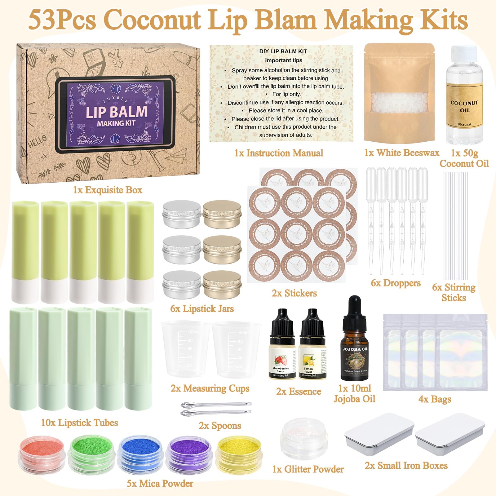 JUYRLE envases de bálsamo labial coco, ideales para guardar tus creaciones.