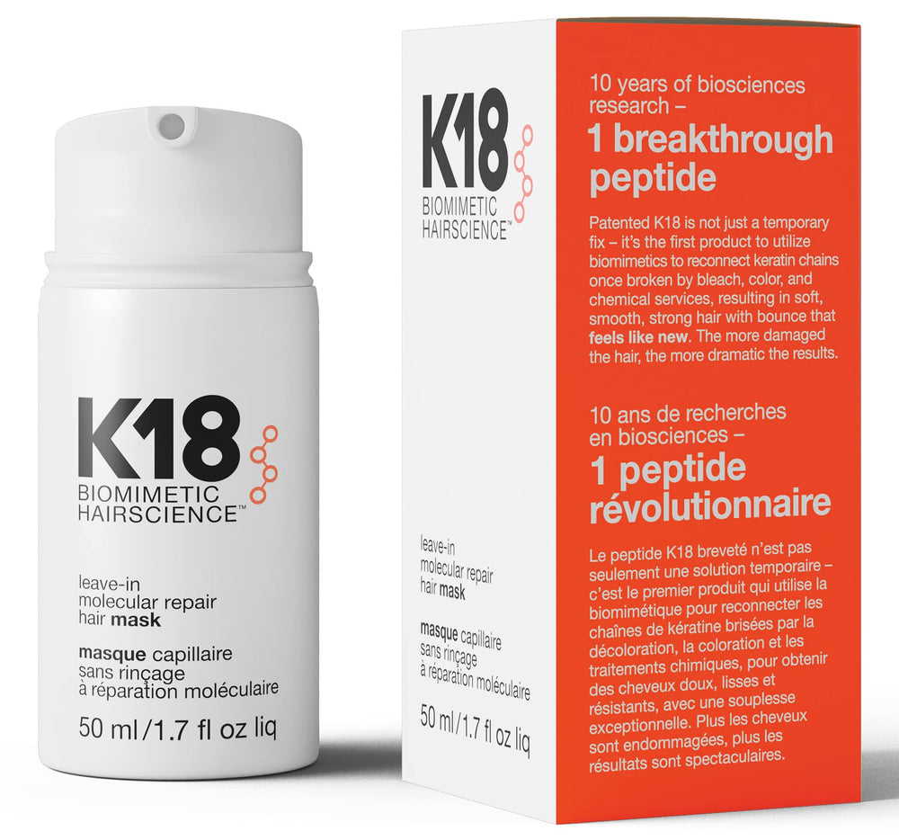 K18 reparacion molecular en el bote; fortalecimiento del cabello dañado.