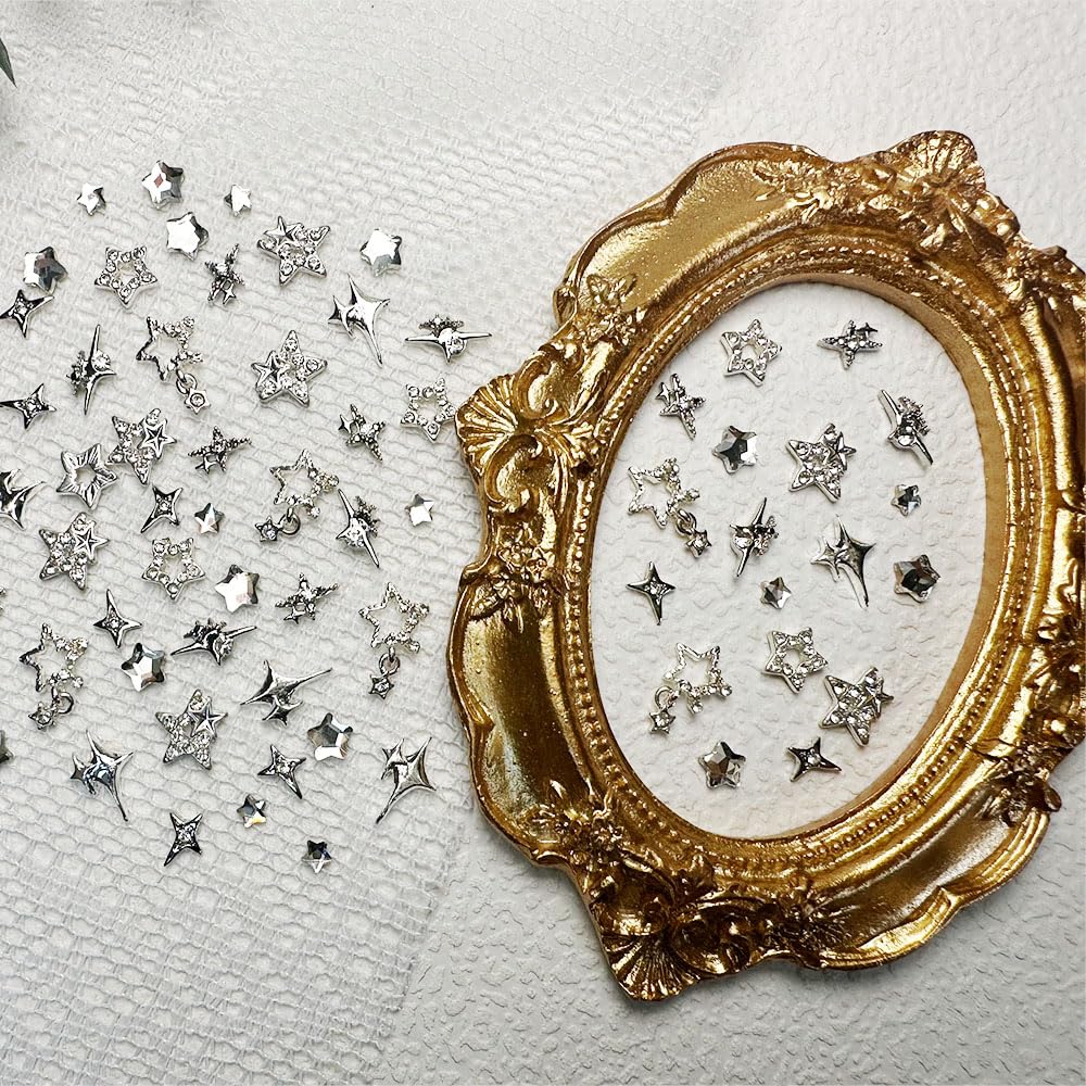 KACHIMOO 3D estrellas plateadas para uñas naturales y artificiales.