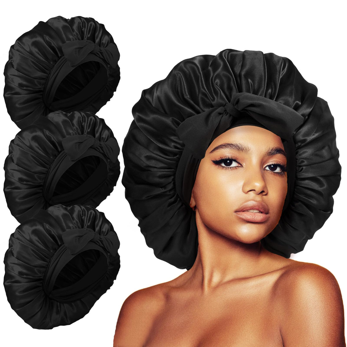 Kafteri set de 3 bonetes de satén negro para dormir, cubre todo el cabello