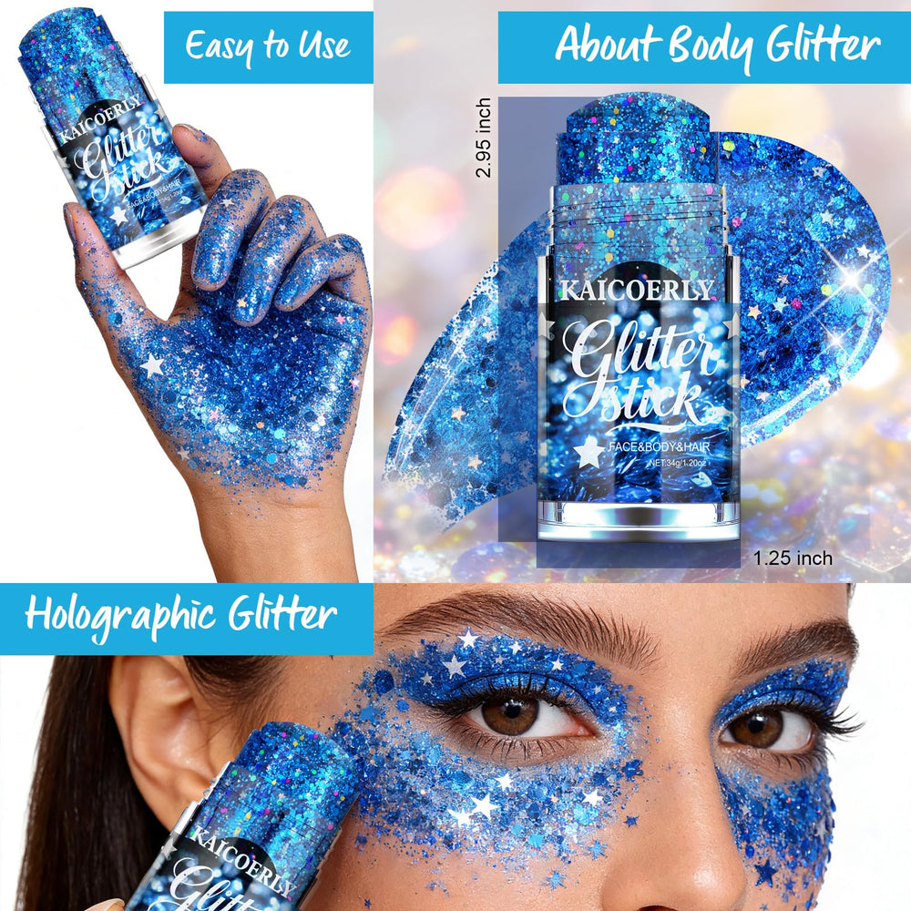 Glitter para cara y cuerpo KAICOERLY en azul, perfecto para maquillaje de escenario.