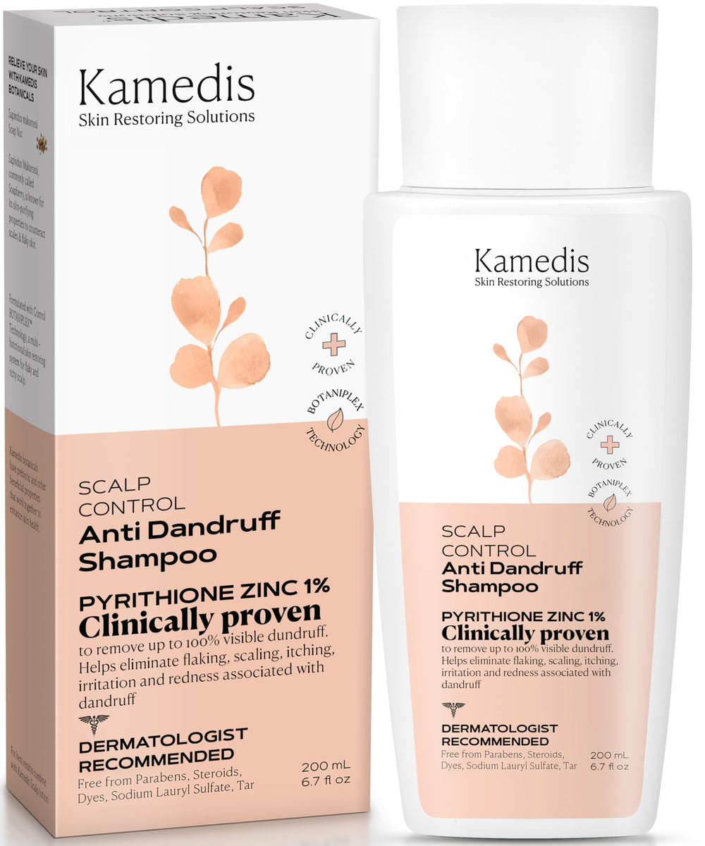 KAMEDIS champú anticaspa, vista frontal de la botella, cuidado suave para cuero cabelludo sensible.