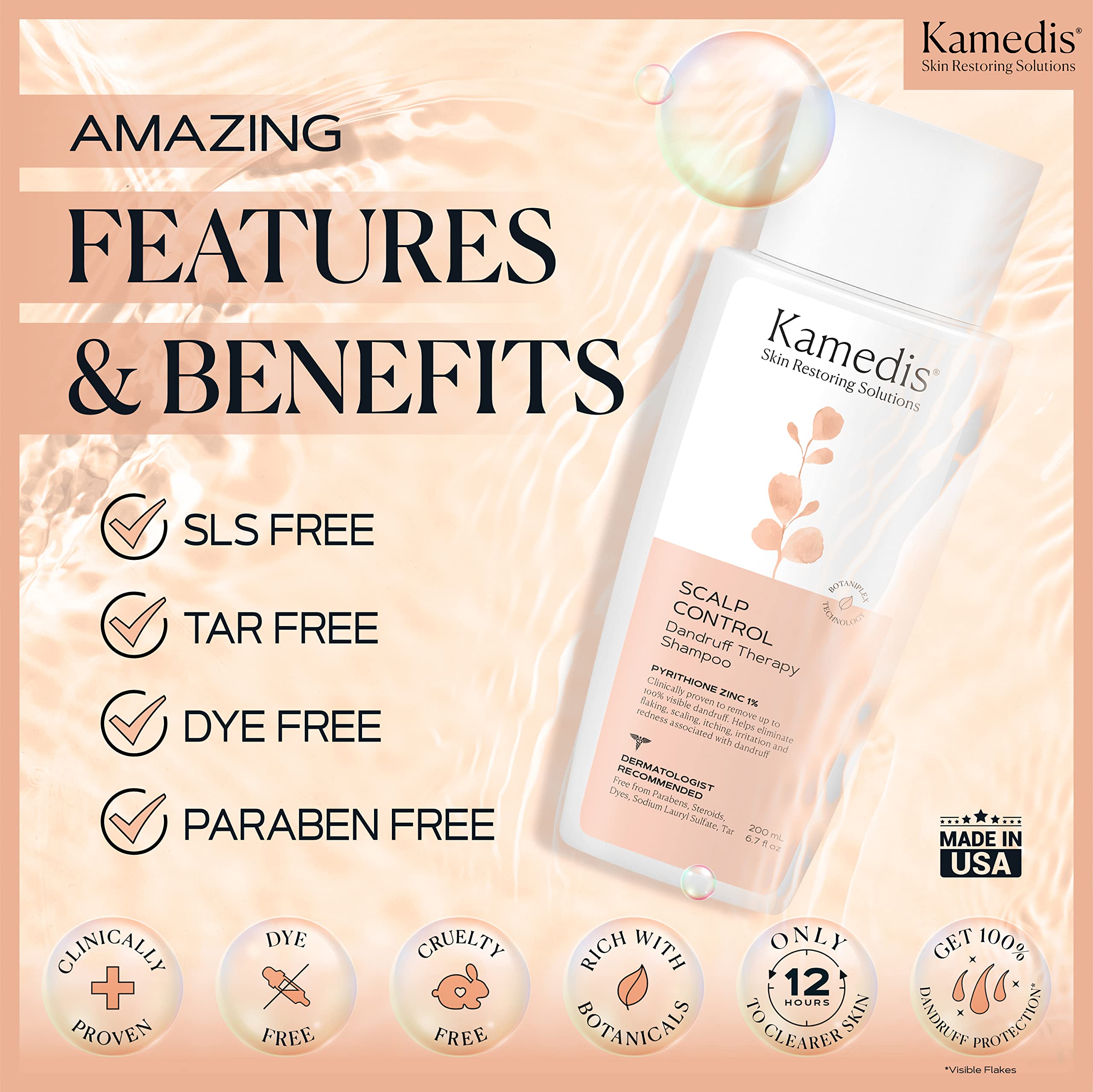 KAMEDIS piritionato de zinc, close-up del ingrediente clave para equilibrio del cuero cabelludo.