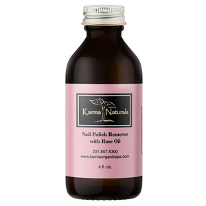 Karma Organic Remover Esmalte Rosa; botella con fórmula nutritiva de aceite de rosa.