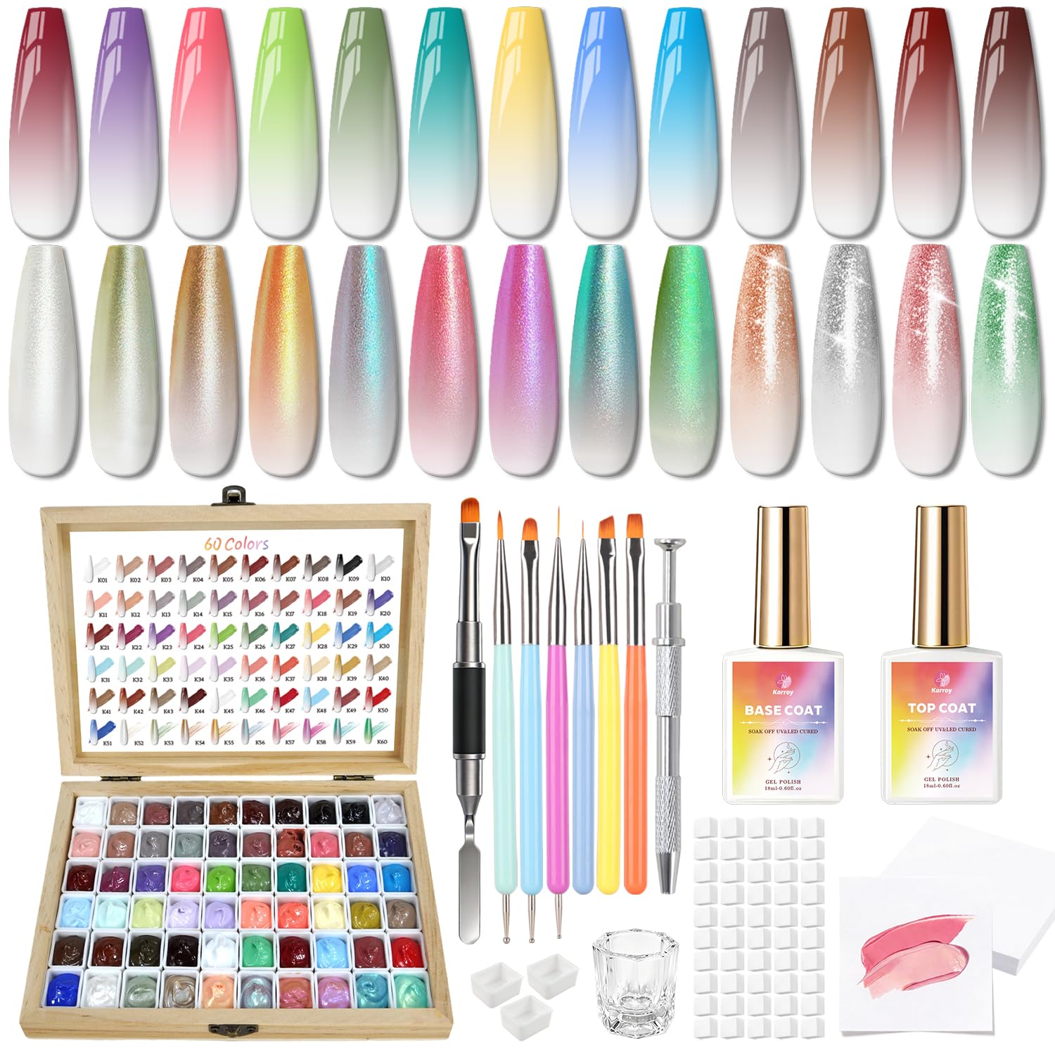 Karroy paleta gel pat esponja con 60 colores, para ombre suave y control preciso.