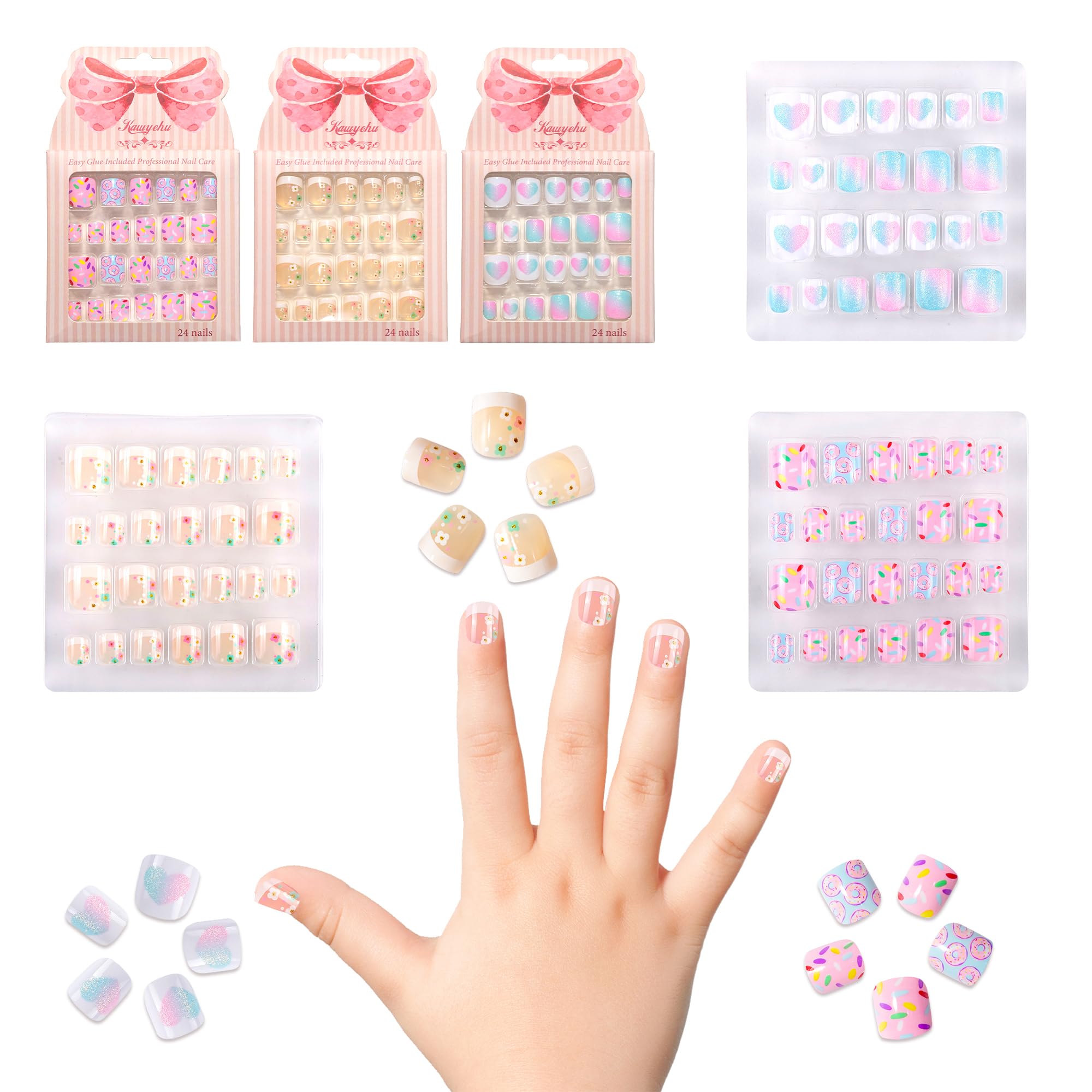 Uñas adhesivas Kawyehu con corazones brillantes para fiestas infantiles