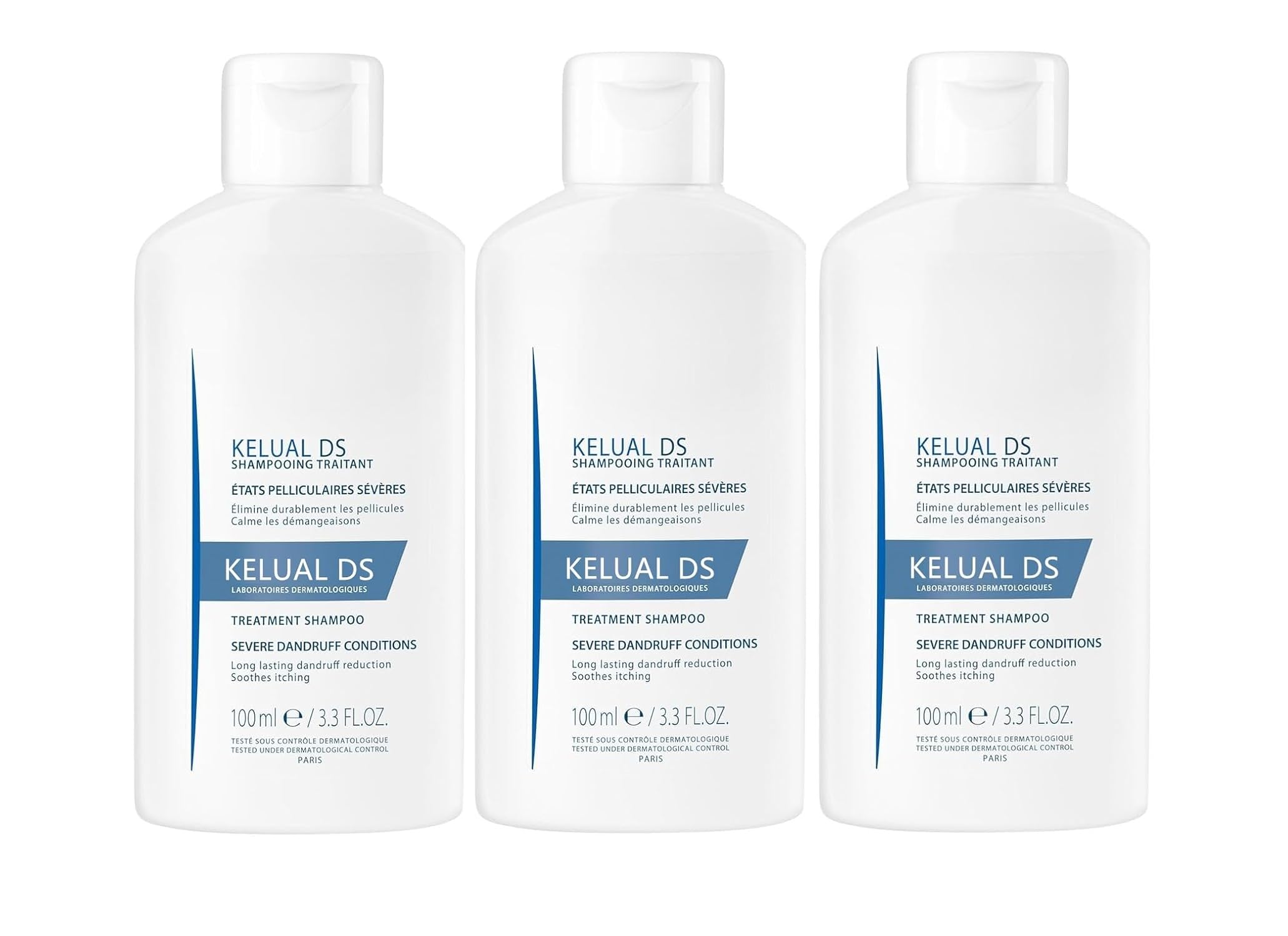 KELUAL DS champú anticaspa en botella de 100 ml para uso diario.