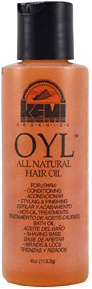Kemi OYL, botella vertiendo, acondiciona el cabello con brillo.