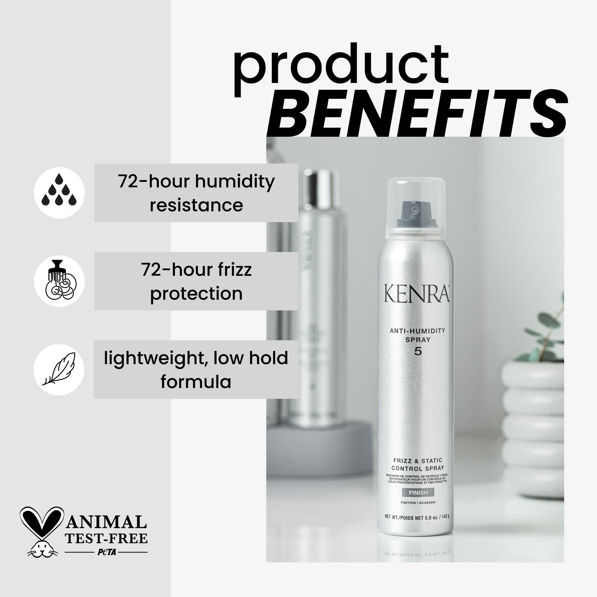 Kenra Antihumedad Spray 5 en la mano para peinado fácil y control del frizz