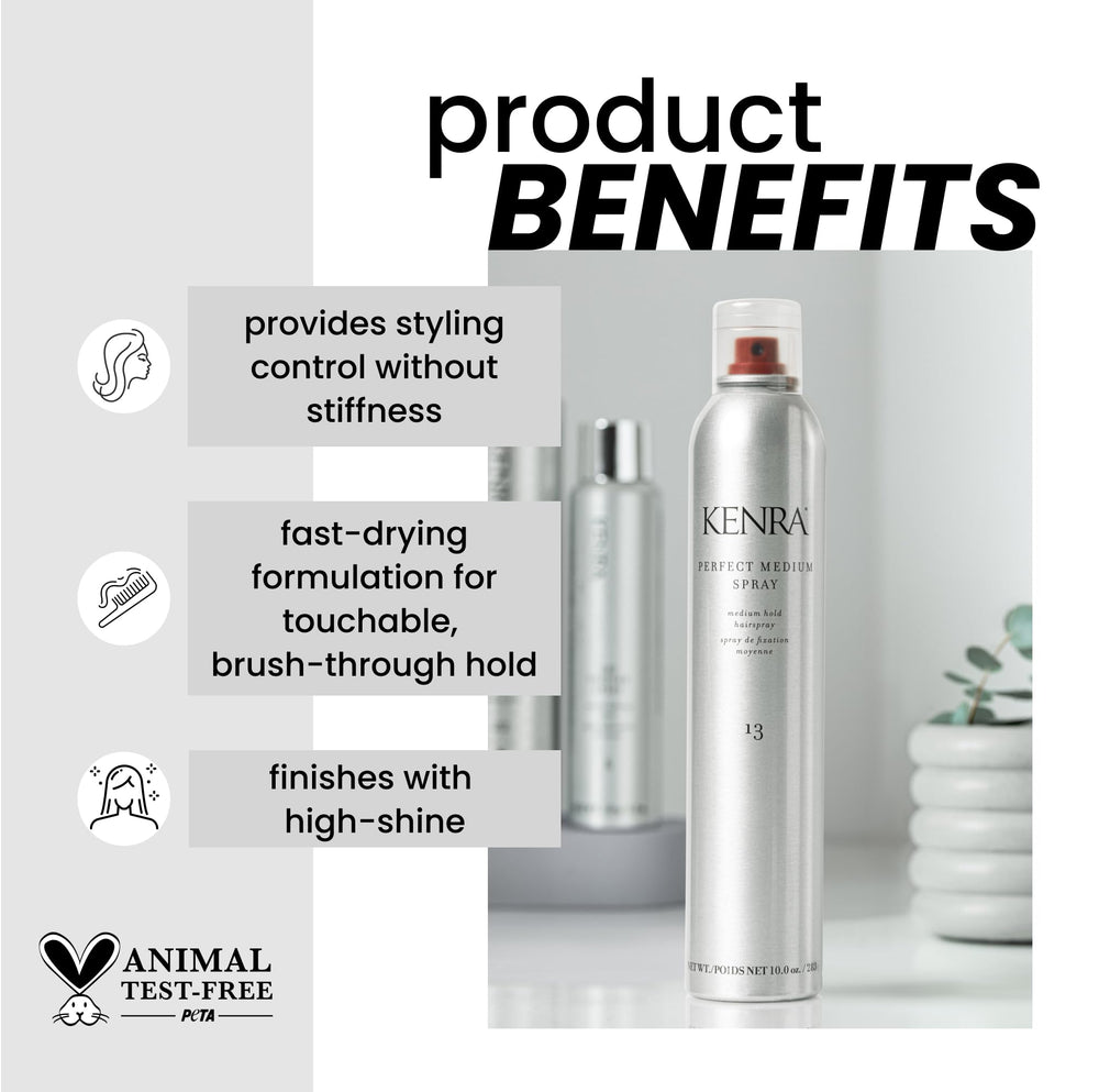 Kenra Perfect Medium Spray mist dispense demonstrates light, even coverage for flexible hold