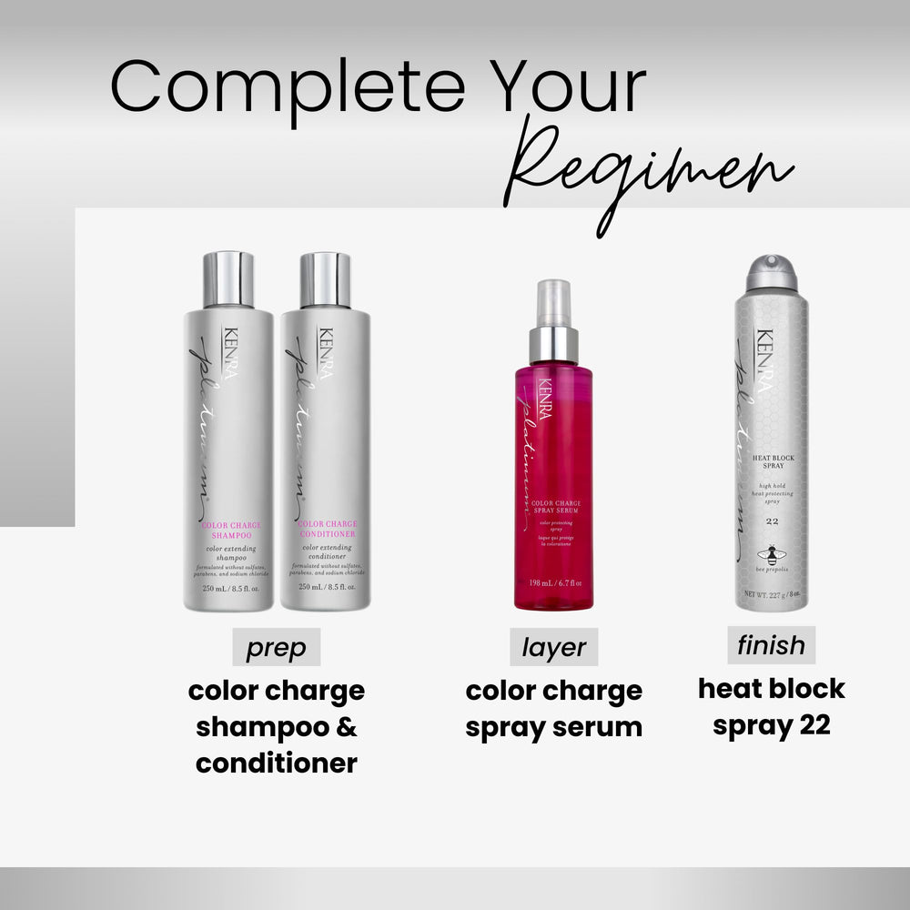 Kenra Platinum Color Charge Shampoo botella en ducha, rutina diaria de color.