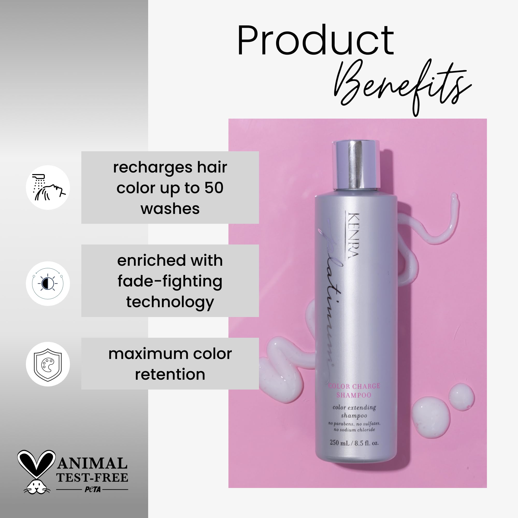 Kenra Platinum Color Charge Shampoo espuma suave que reanima el color entre lavados.