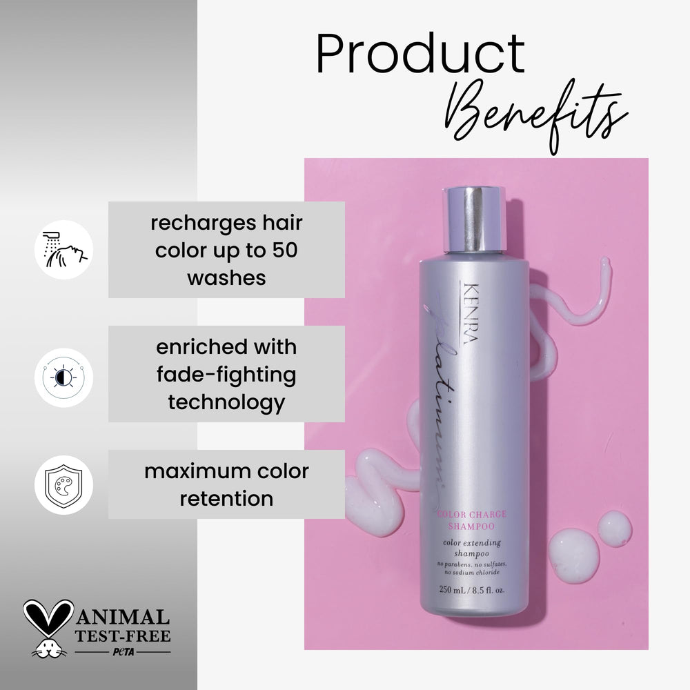 Kenra Platinum Color Charge Shampoo espuma suave que reanima el color entre lavados.