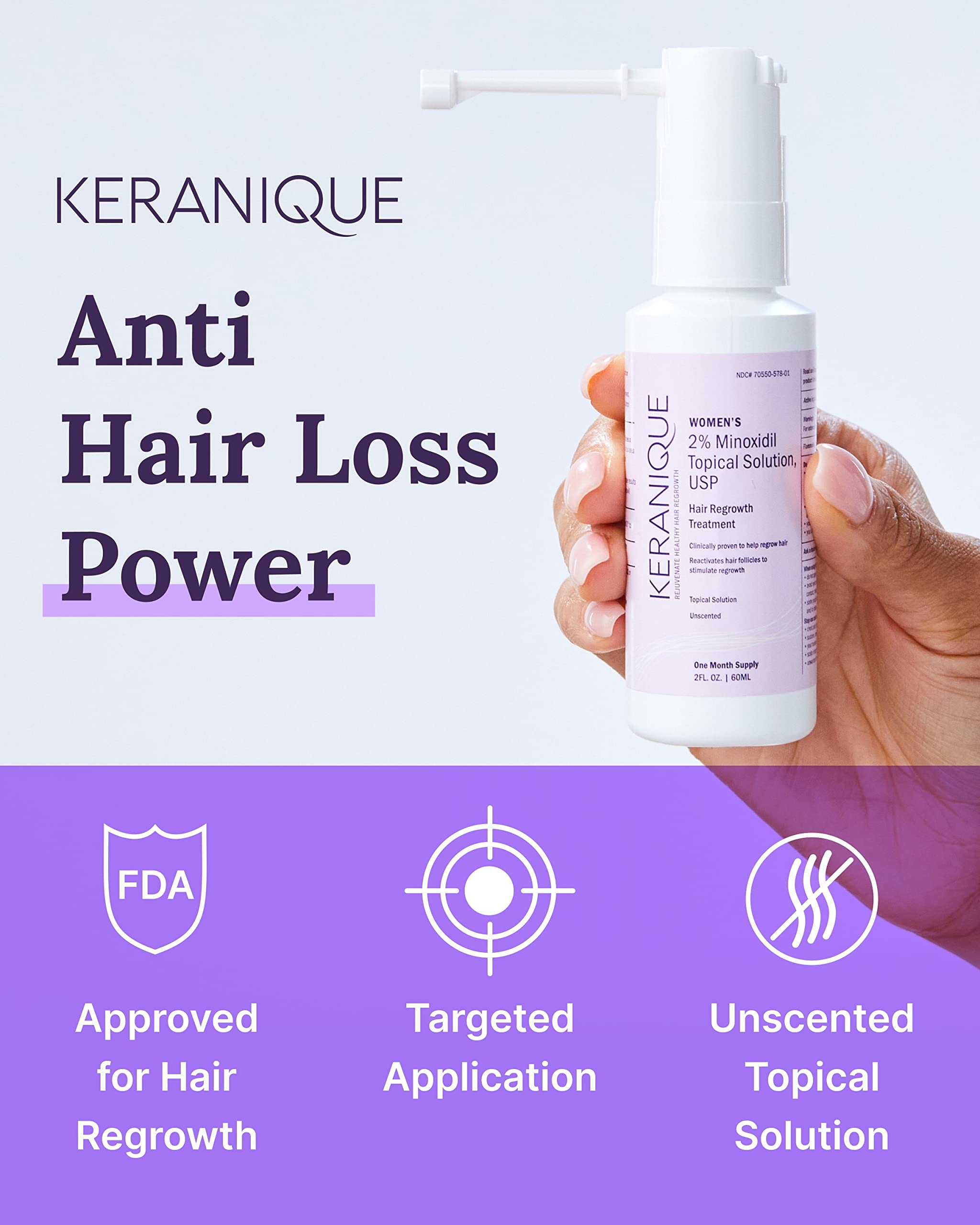 Keranique minoxidil al dos por ciento en botella para crecimiento capilar