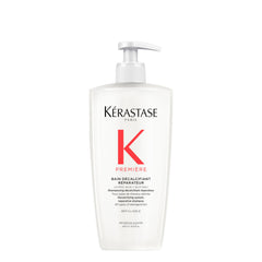 Kerastase Première Bain Descalcificador, botella mostrando etiqueta, descalcificación suave y limpieza eficaz