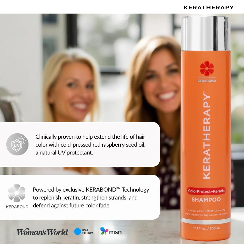 KERATHERAPY Color Protect Shampoo, envase destacado y etiqueta sin gluten.