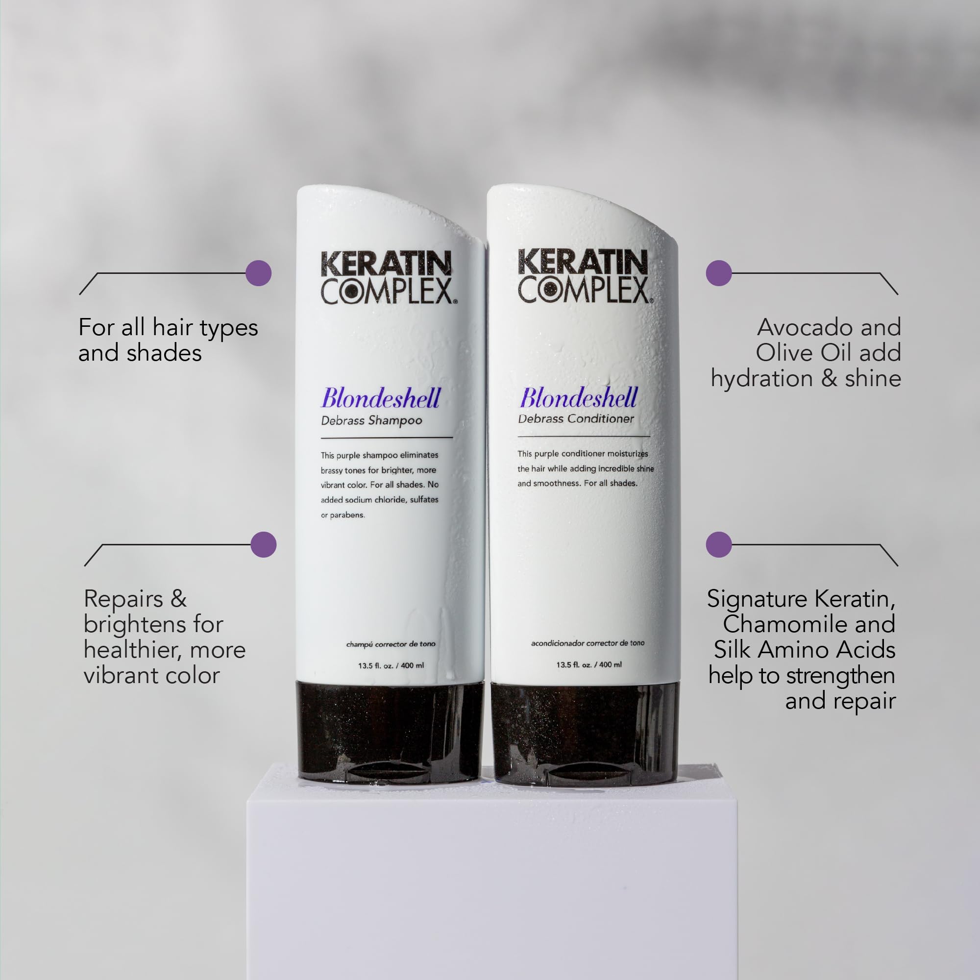 Keratin Complex Blondeshell Debrass Champú vertido: lavanda fresca perfuma y calma el cuero cabelludo.