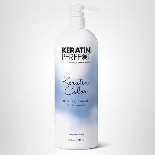 Keratin Perfect champú Color Smoothing, fondo de salón que evoca profesionalidad y resultados potenciales.
