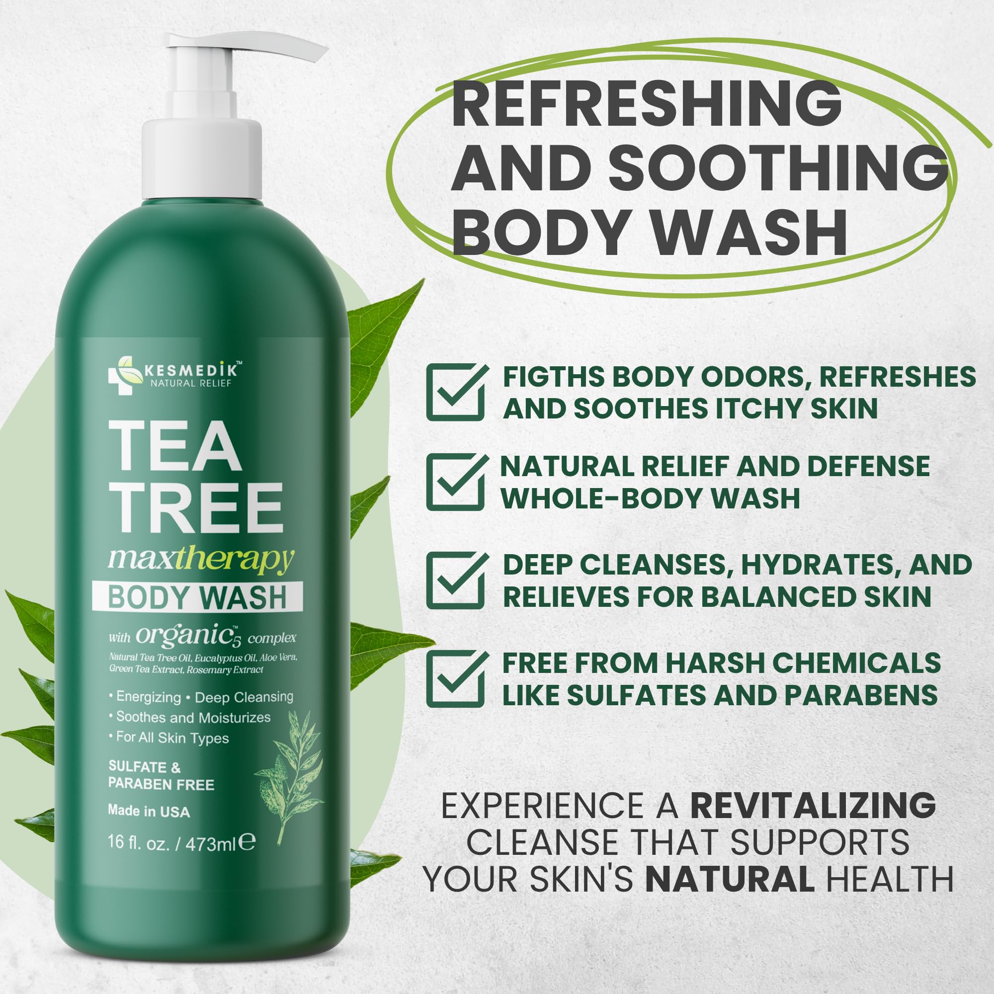 KESMEDIK Tea Tree Oil visual highlights natural scent and cleansing boost.