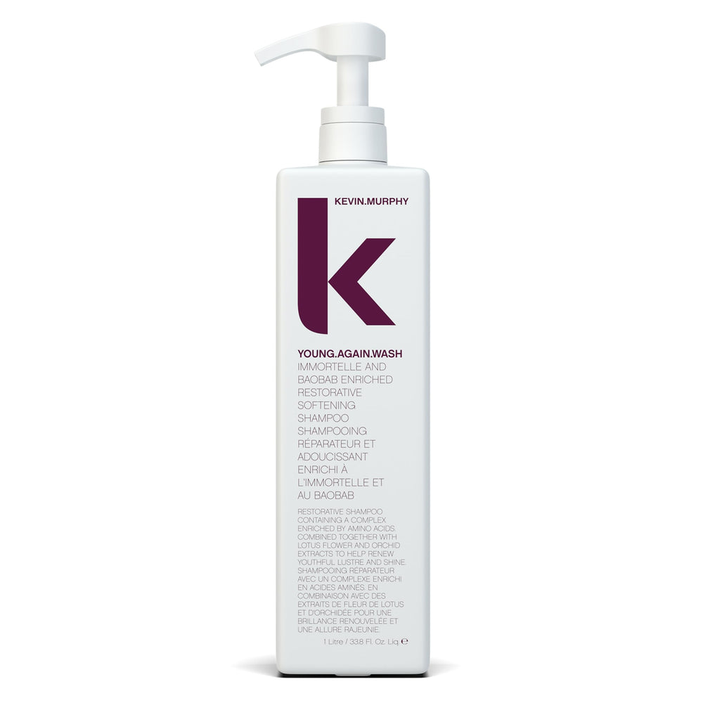 kevin.murphy young.again.wash, botella vista frontal, ideal para hidratar y reparar cabello seco.