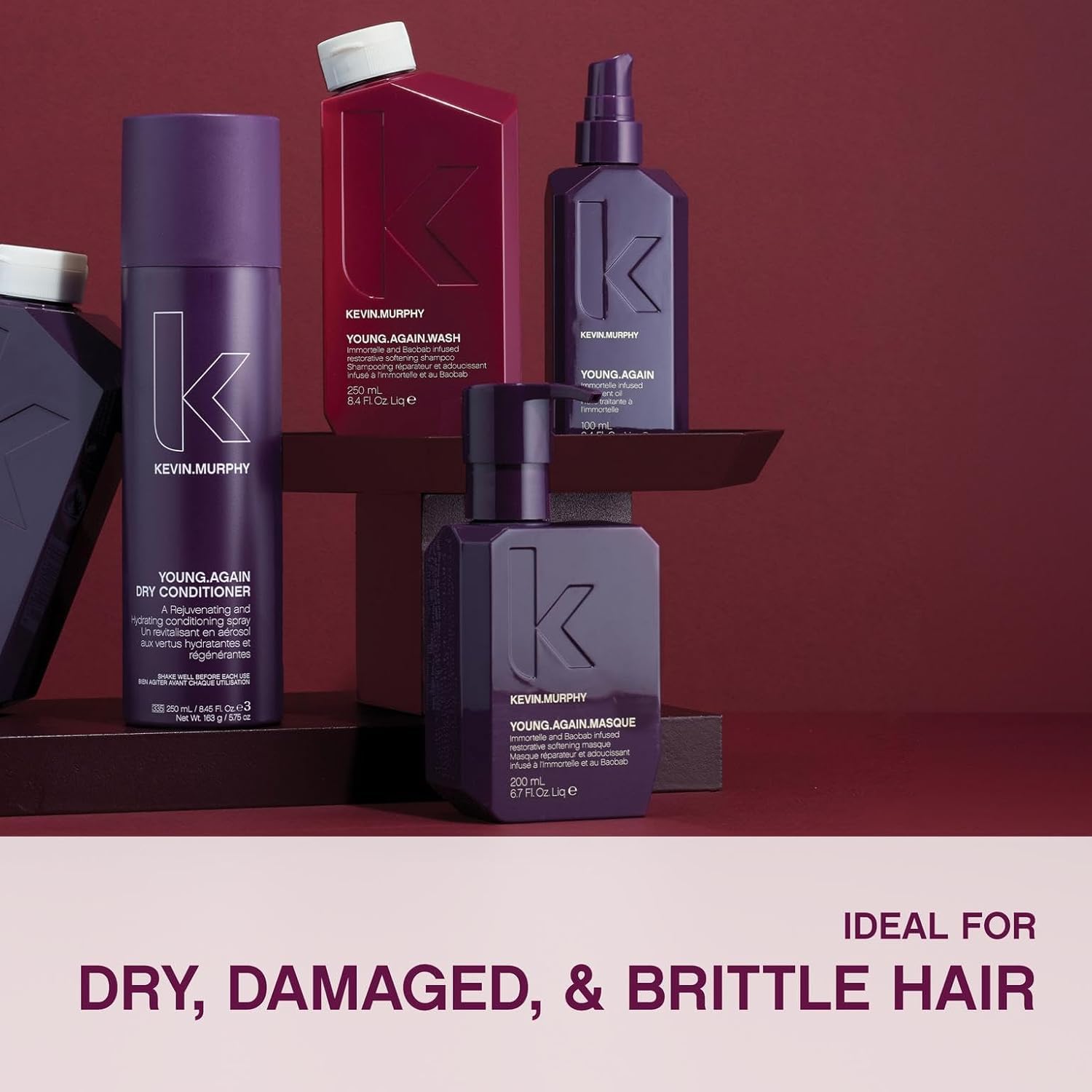 kevin.murphy young.again.wash, gota de producto en la palma destacando su uso diario.