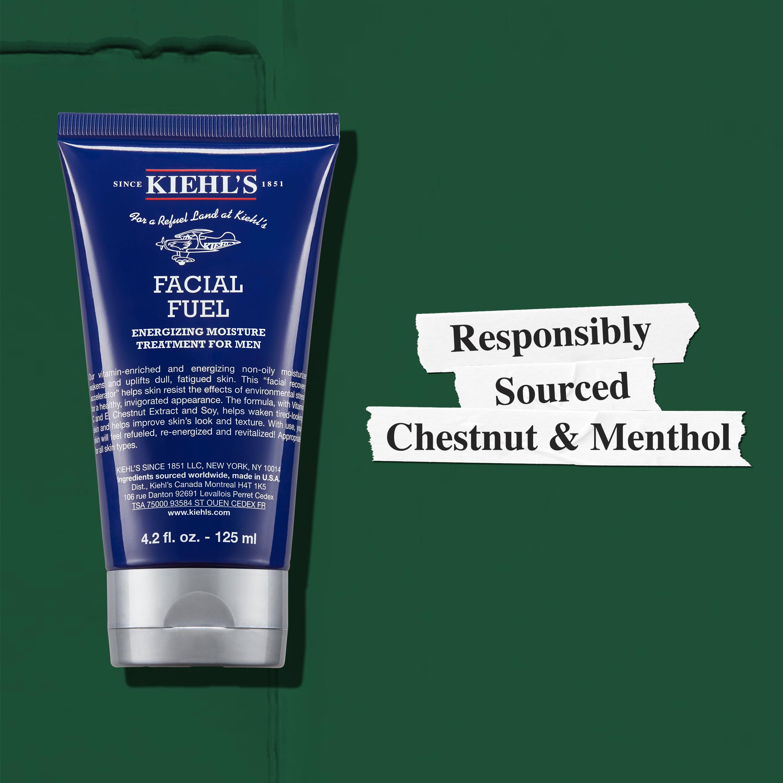 Kiehl's Facial Fuel, extracto de castaño para radiancia y protección suave.