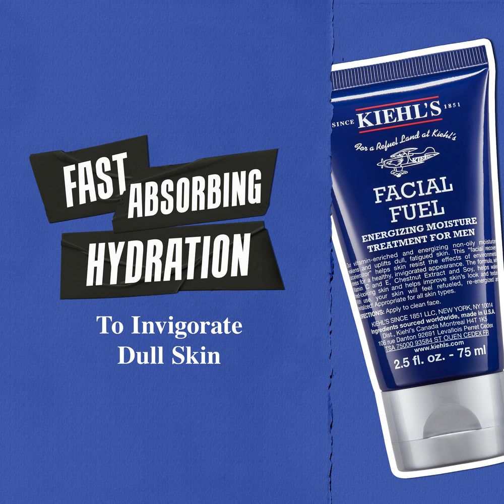 Kiehl's Facial Fuel, ingredientes clave vitamina C y cafeína para iluminar y energizar.