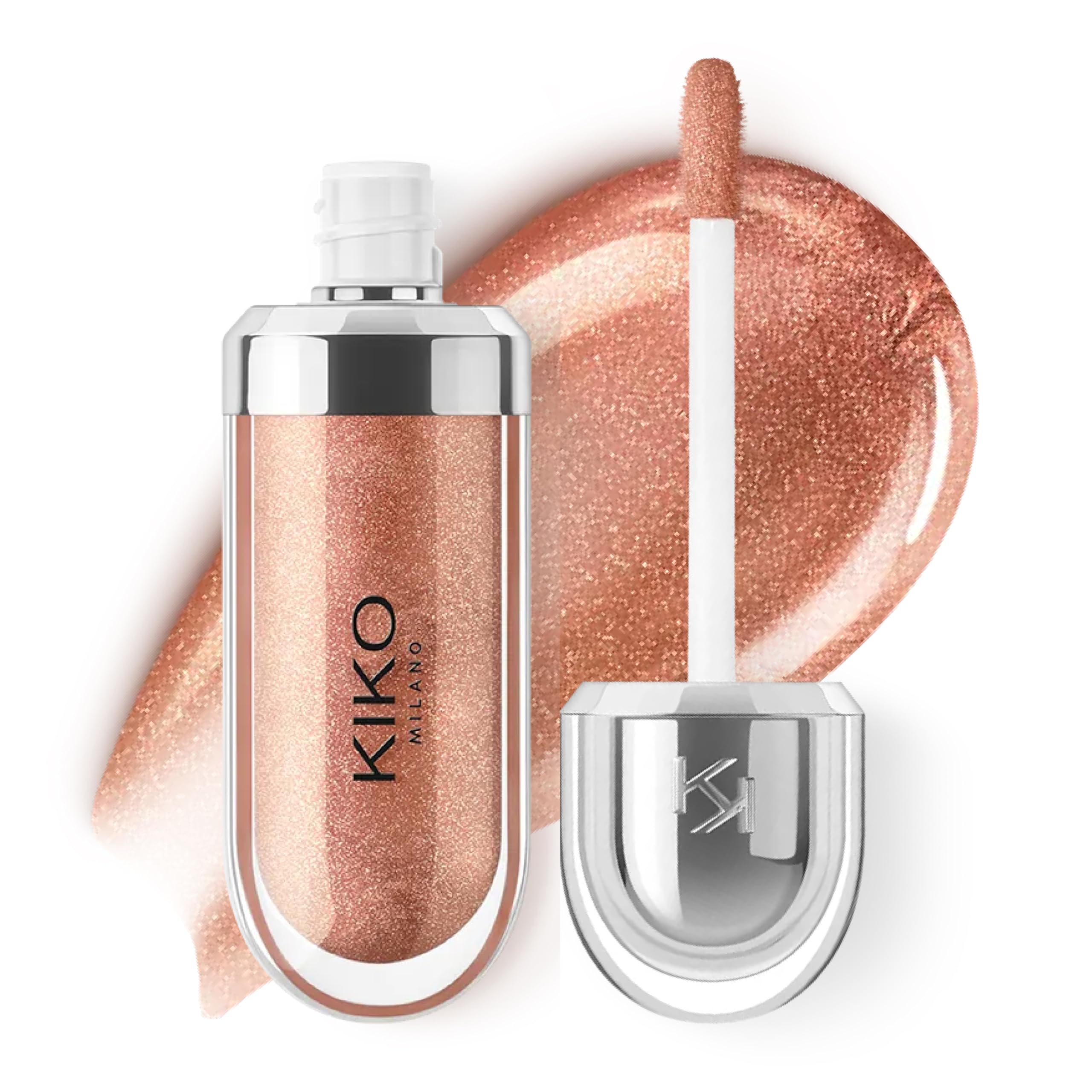 Kiko Milano 3D Hydra Lip Gloss muestra un empaque metálico elegante