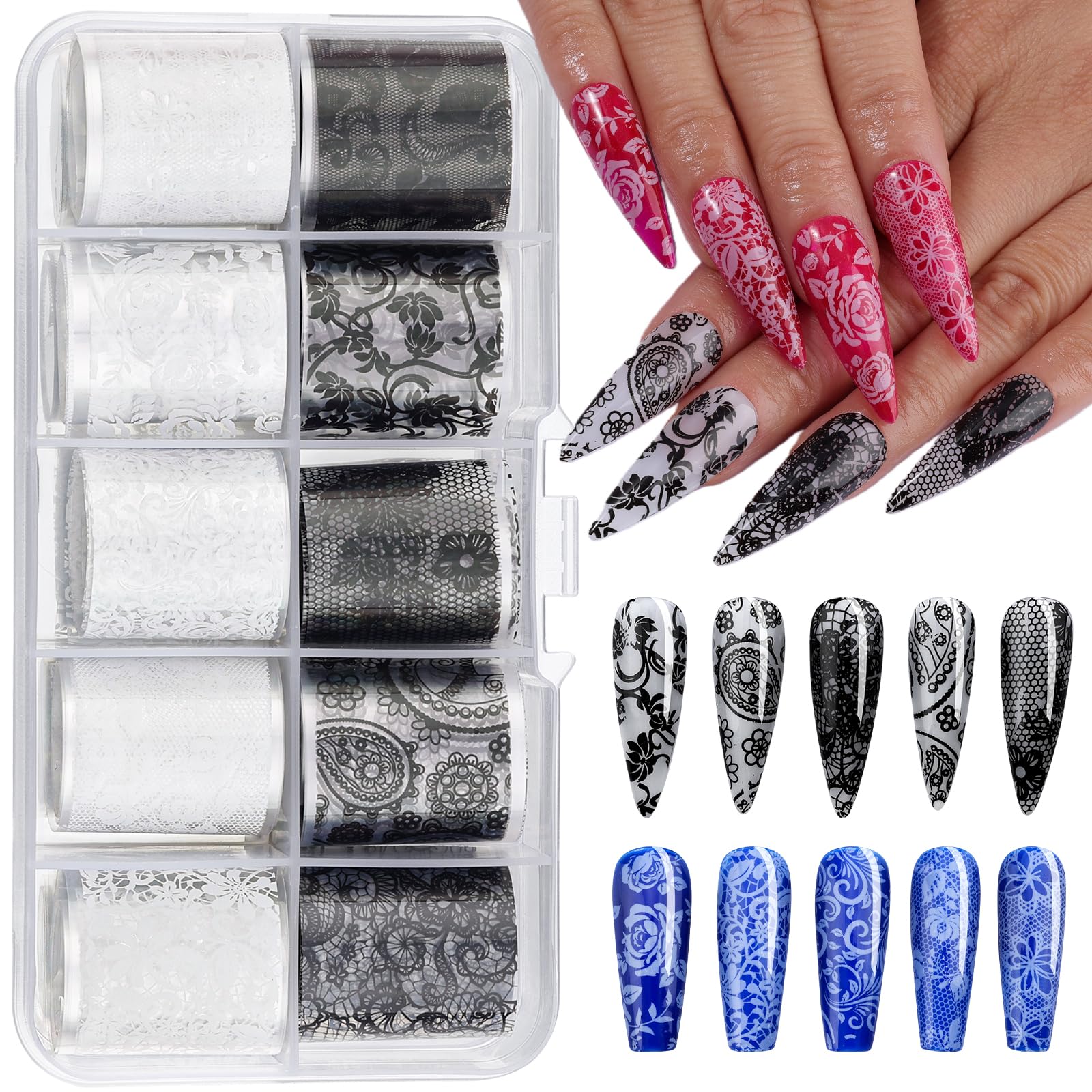 Kikonoke láminas de encaje para uñas con patrón flor negro y blanco para uñas con estilo