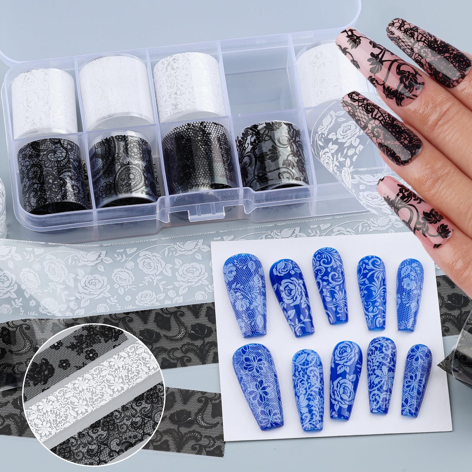 Acabado duradero con láminas de encaje y brillo en uñas