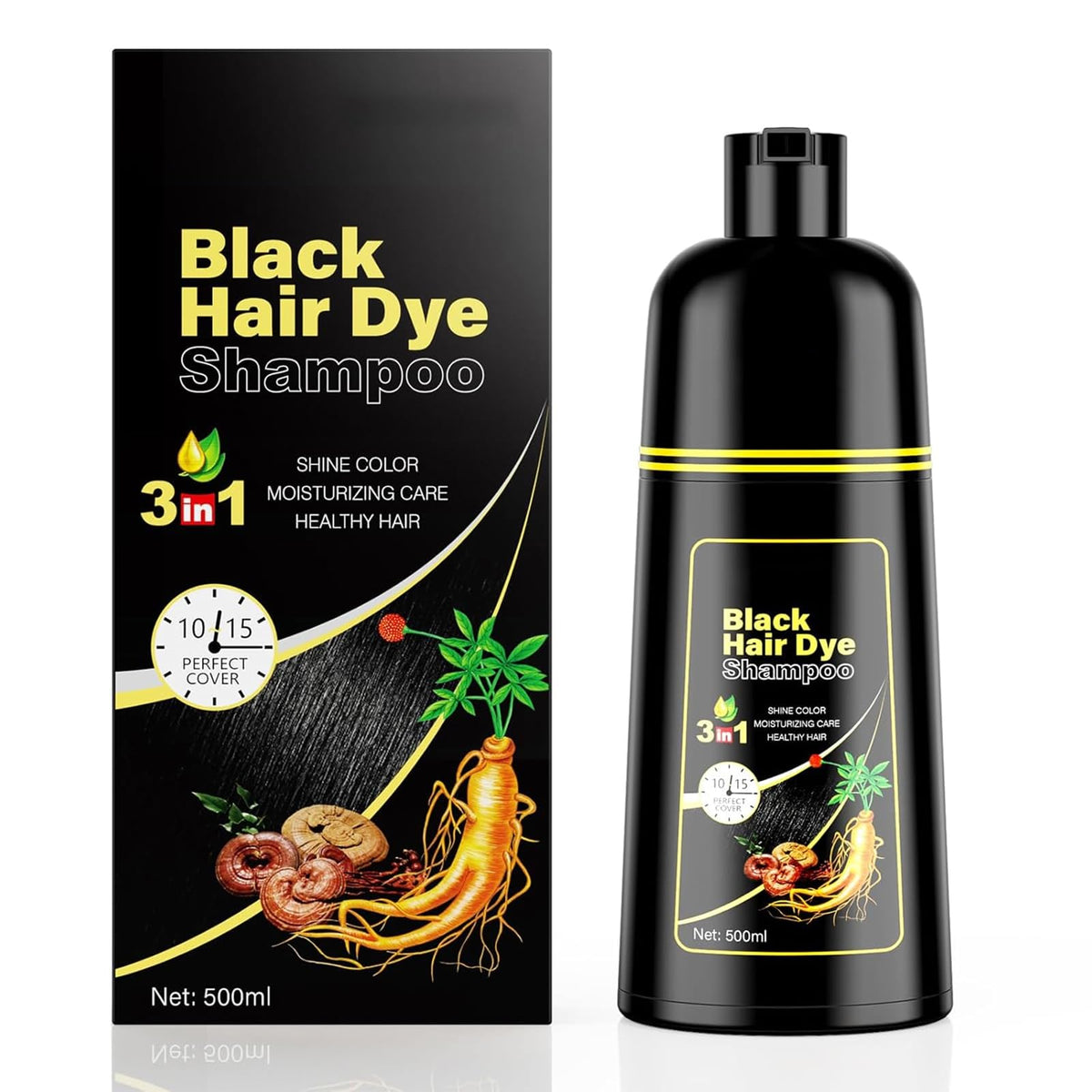 Kingming champú tintura negro 500 ml para cubrir canas, cobertura rápida