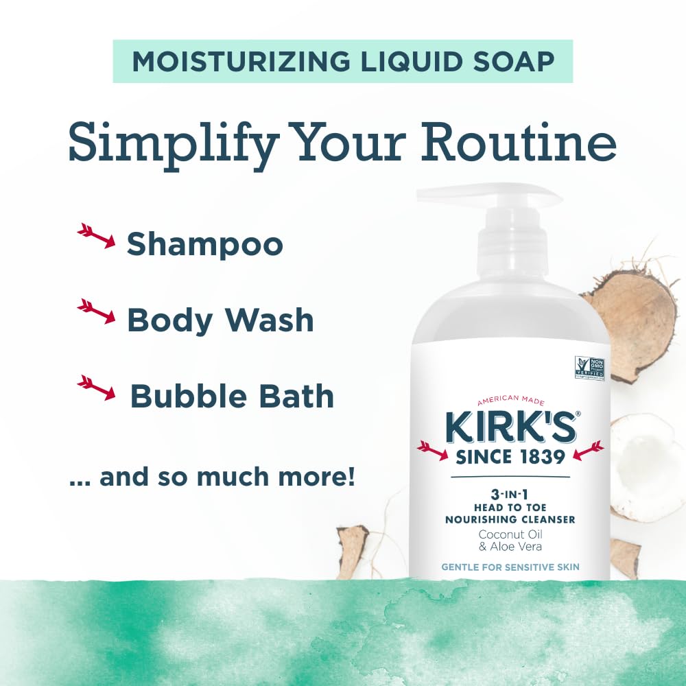 Kirk's 3-en-1 ingredientes coco y aloe para hidratación suave.