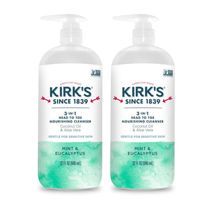 Kirk's 3 en 1 limpiador para cabeza y cuerpo, botella de 32 oz, práctico para uso diario.