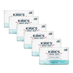 Jabón Kirk's de Castilla en barra de 4 oz, pack de 6, limpieza suave.