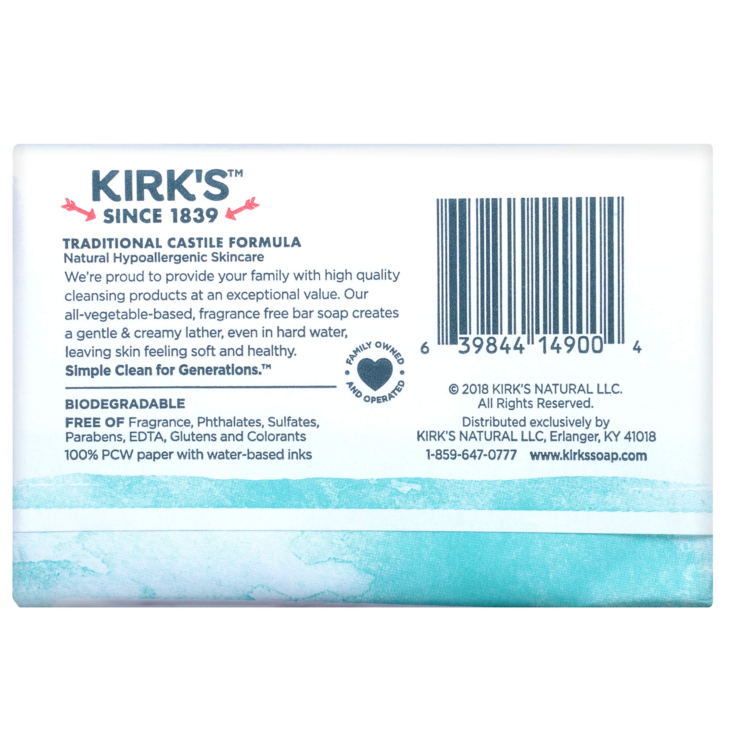 Kirk's Coco Castile sin fragancia, primer plano de la barra.