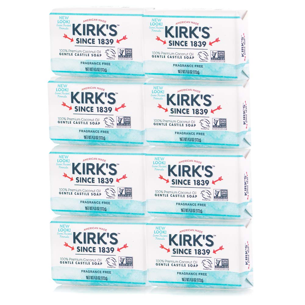 Kirk's Coco Castile sin fragancia, barra de 4 onzas para uso diario.