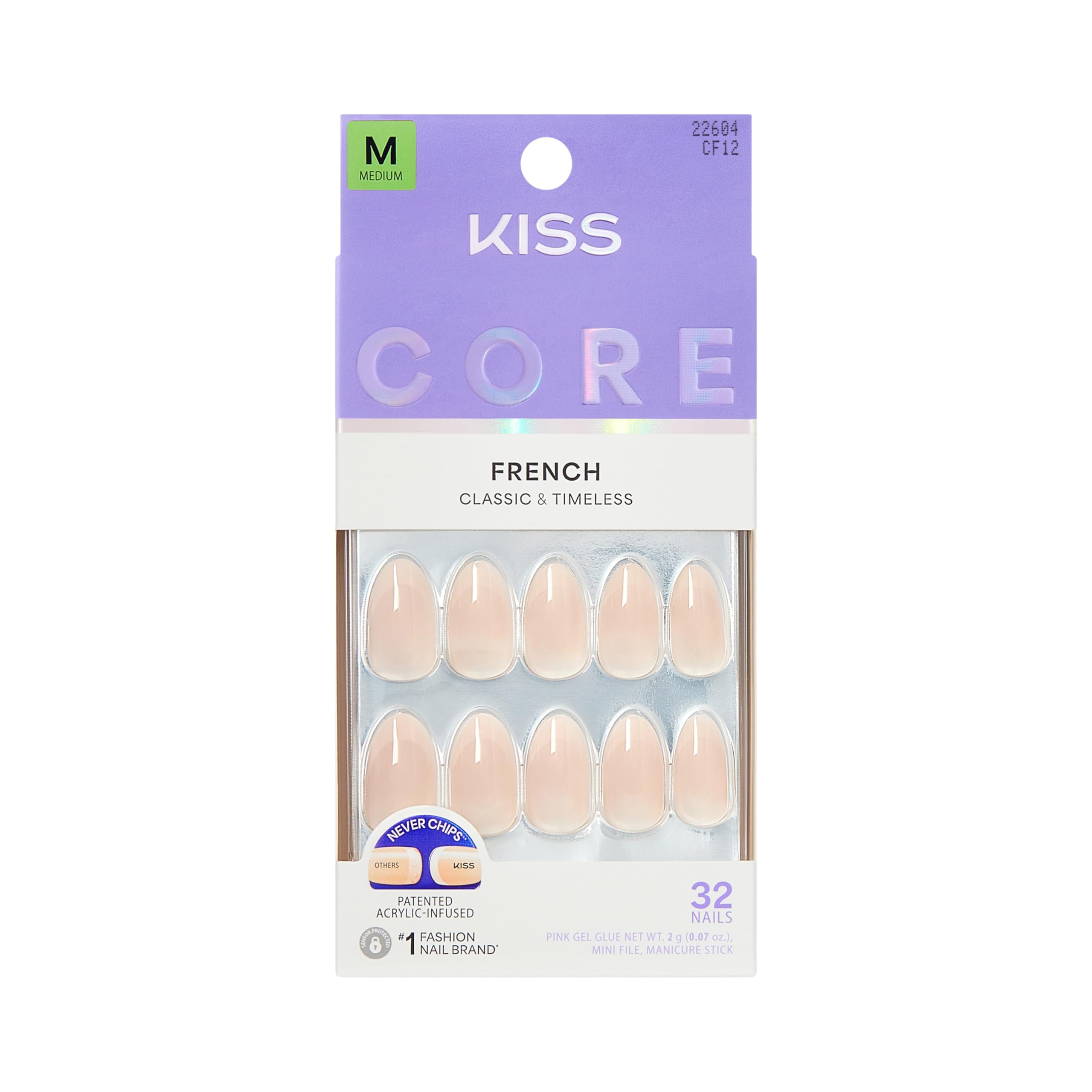 KISS CORE Burble rosa: uñas francesas en almendra para un look natural.