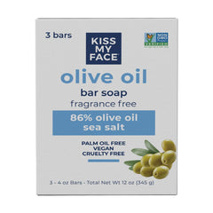 Jabón Kiss My Face con aceite de oliva puro, tres barras de 4oz, limpieza suave.