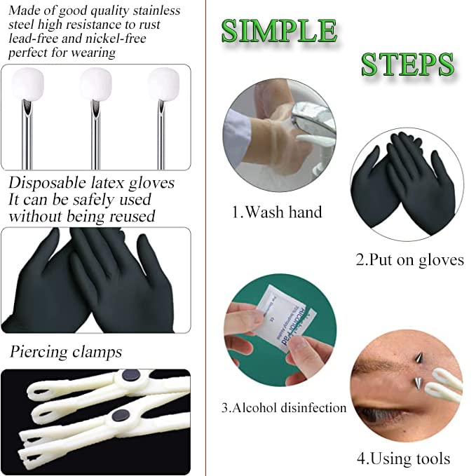 Kit de perforación corporal con guantes para higiene durante la aplicación