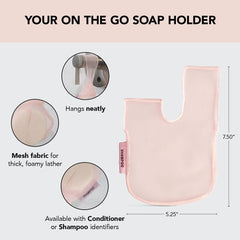 Kitsch bolsa para jabón en barra, etiqueta visible, mantiene las tres funciones separadas.