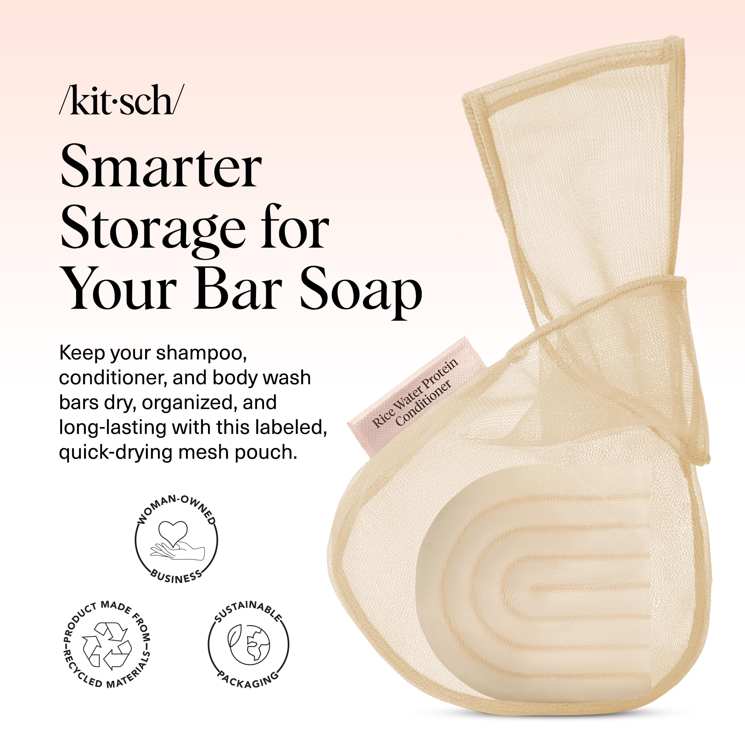 Kitsch bolsa de jabón con etiquetas para ducha, evita mezclas.