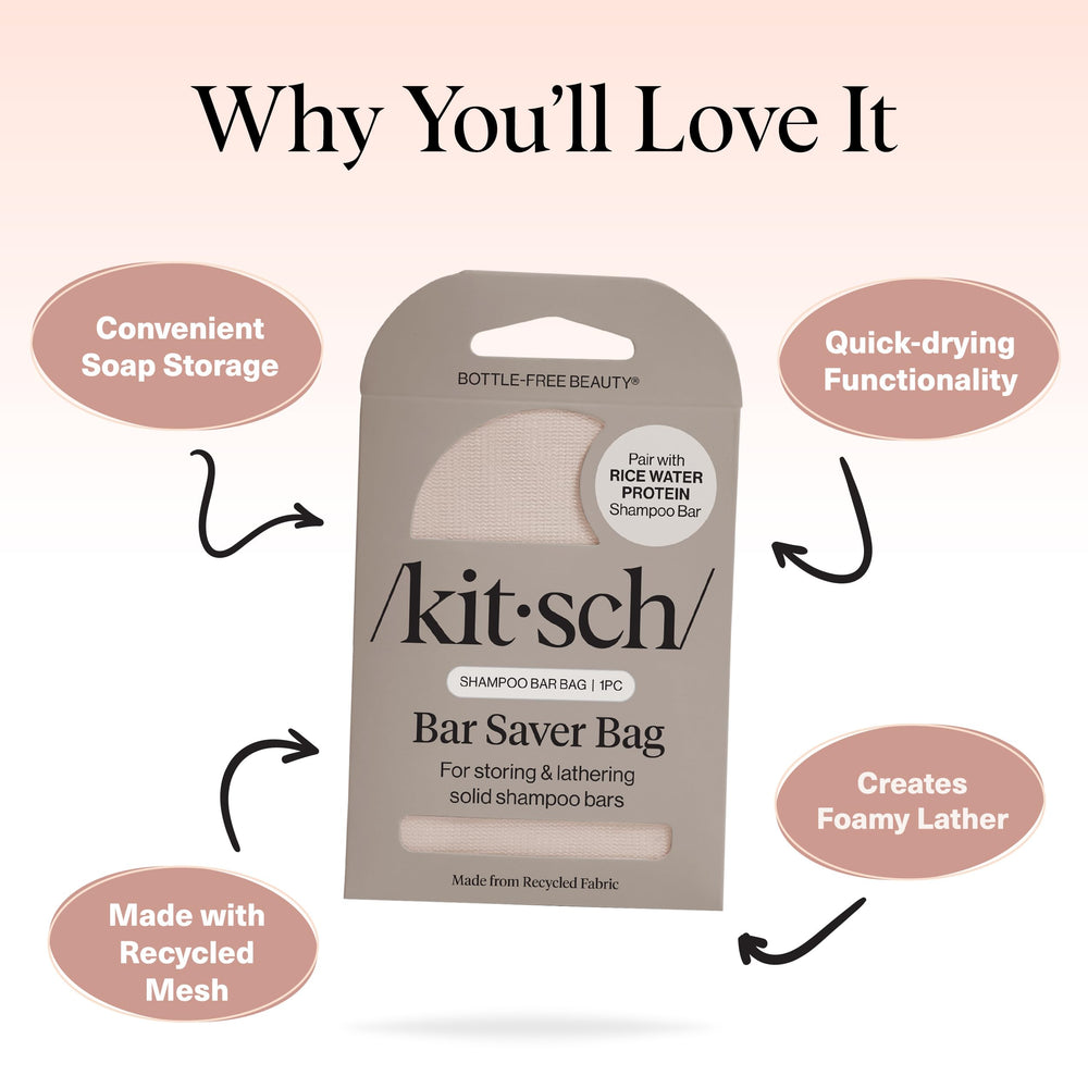 Kitsch bolsa con bolsillos etiquetados para cuerpo, champú y acondicionador.