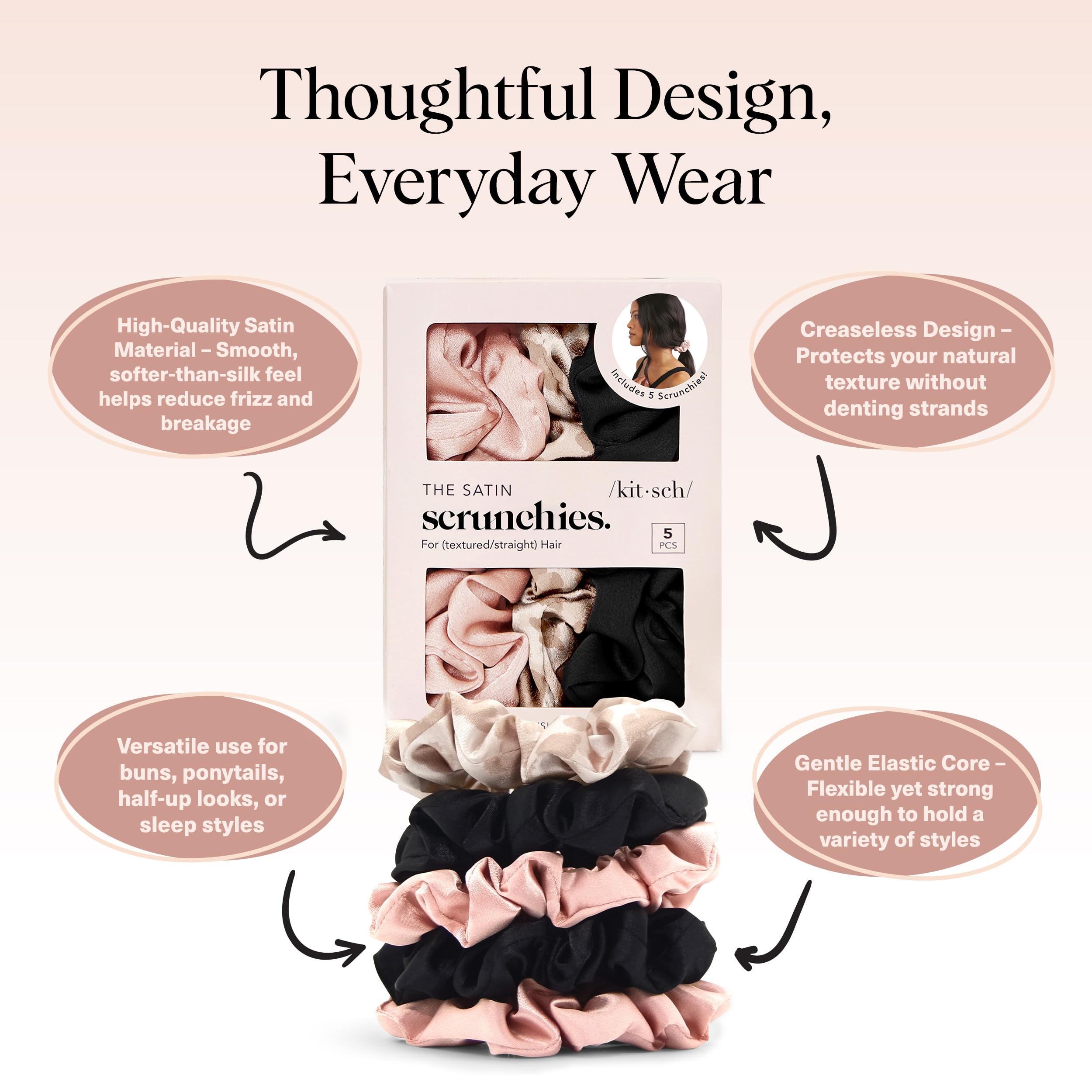 Kitsch scrunchies sin pliegues para peinados limpios y duraderos.