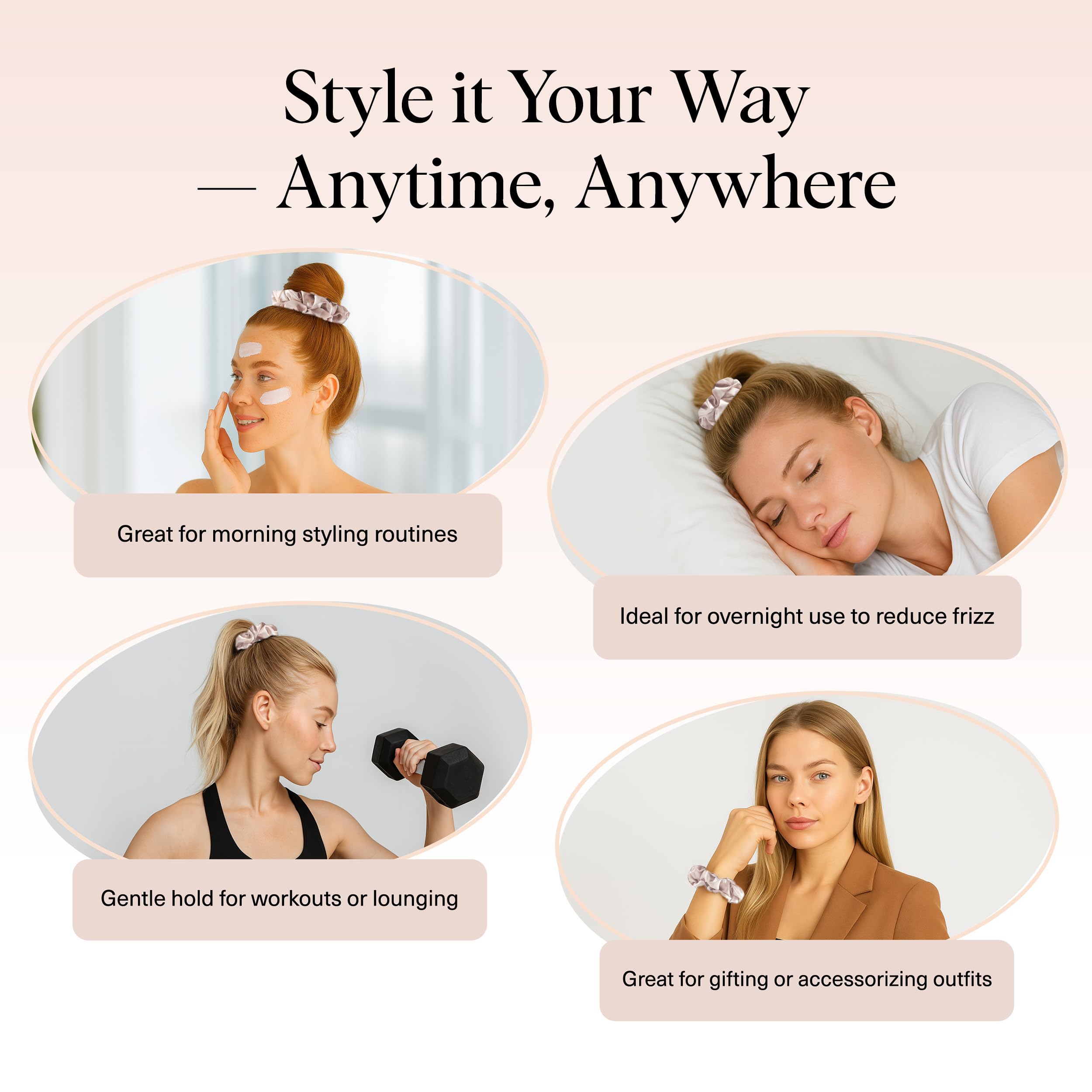 Scrunchies de satén para uso diario con colores versátiles de Kitsch.