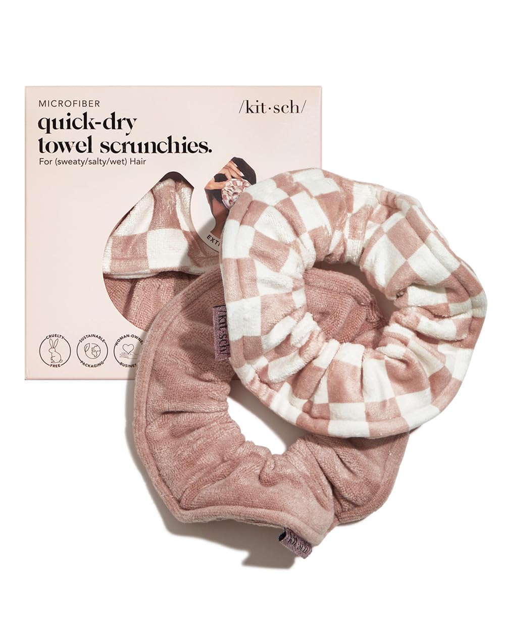 Kitsch scrunchie microfibra terracota-cuadros, suave y absorbente para el cabello.